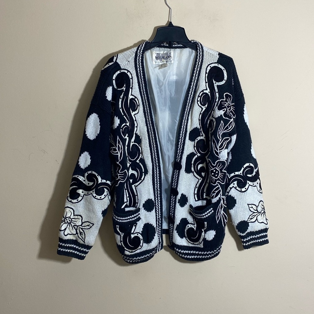 Vintage No! Jeans Black and White Floral Heavy Cardigan Sweater